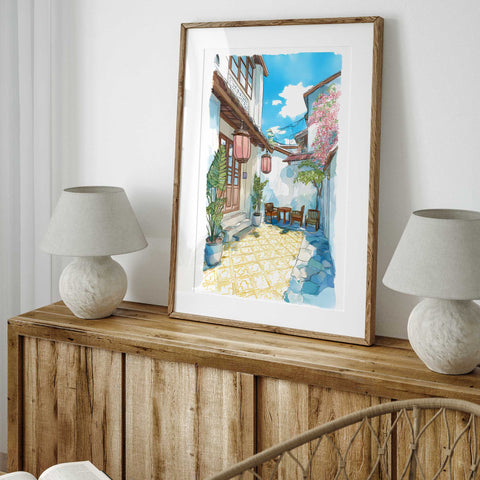 Watercolor art of patio and blue sky
