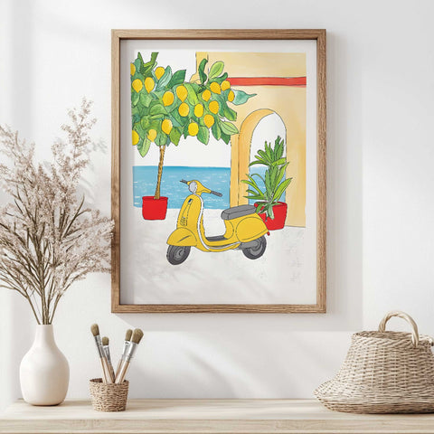 Watercolor art of scooter in coastal courtyard with plants

