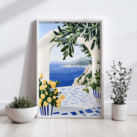 Watercolor art of white arch and coastal cliffs with lemon plants

