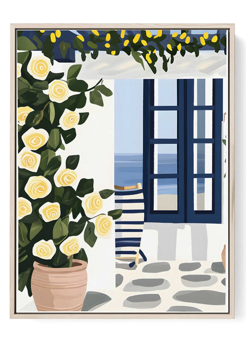 Watercolor art print of Greek window with lemon vines and sea view


