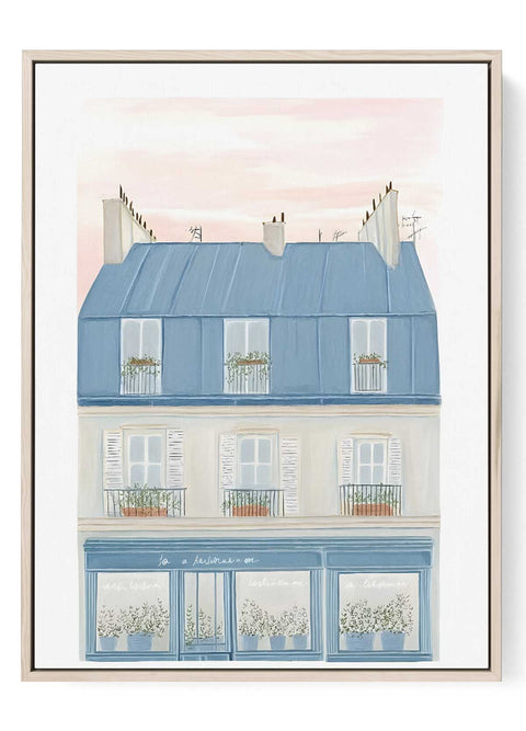 Watercolor art print of a romantic Paris street leading to the Eiffel Tower.