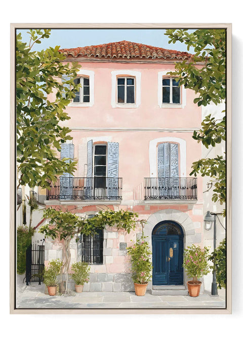 Watercolor art print of a romantic pink Mediterranean house with pastel shutters.