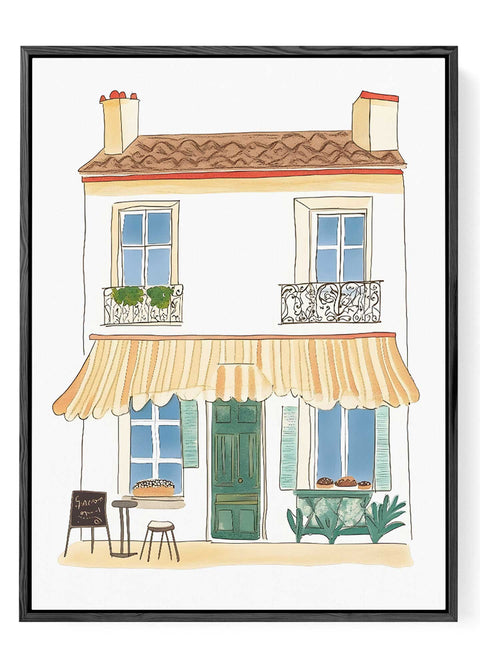 Watercolor art print of a rustic French bakery storefront with soft textures.