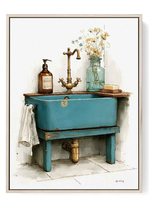 Watercolor art print of a rustic turquoise pedestal sink with pink flowers.
