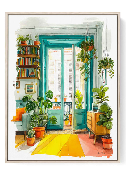 Watercolor art print of a teal French balcony with lush green Mediterranean plants.