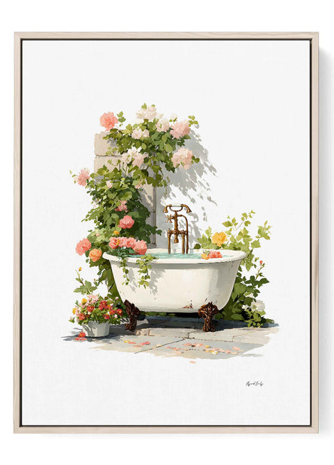 Watercolor art print of an elegant white bathtub surrounded by pink roses.