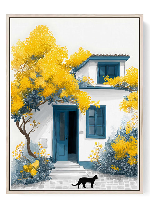 Watercolor art print with black cat and golden tree

