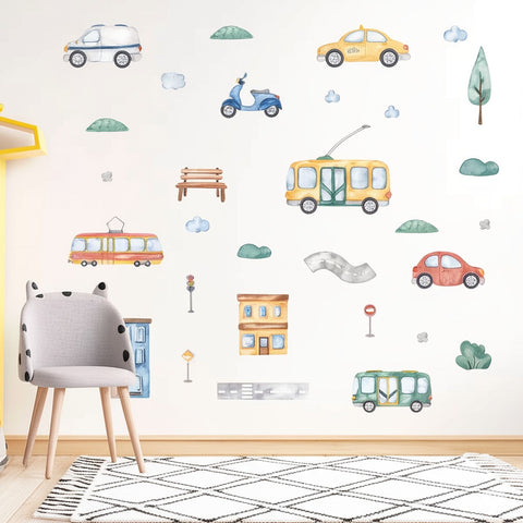 Watercolor cars and buses stickers