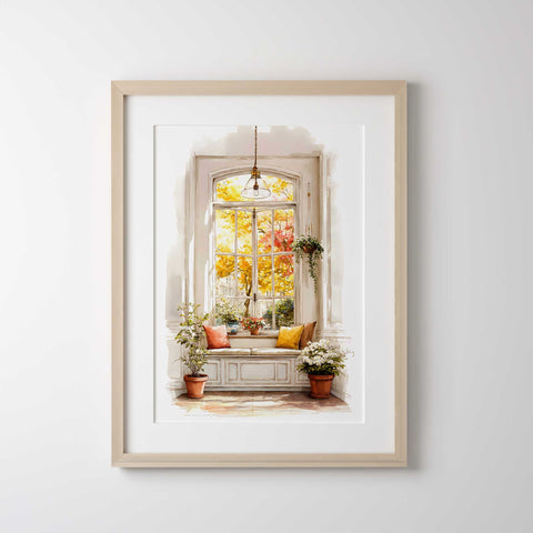 Watercolor cozy window scene wall décor