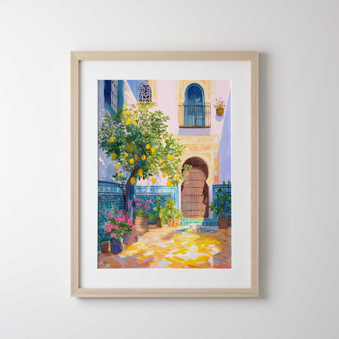 Watercolor garden with citrus trees and tiles