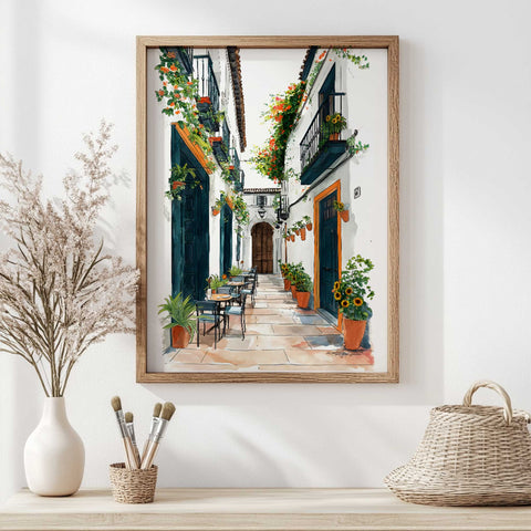 Watercolor of Mediterranean floral walkway