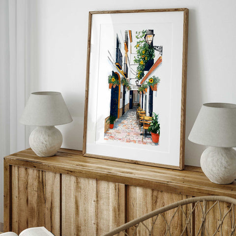 Watercolor of Spain with cobblestone path