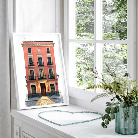 Watercolor of building with balconies