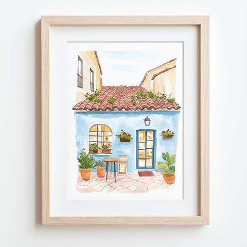 Watercolor of charming Spanish home with clay roof and green plants

