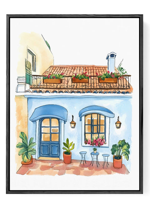 Watercolor of cozy balcony with terracotta roof and café chairs

