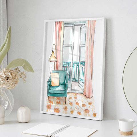 Watercolor of mint chair by Paris window

