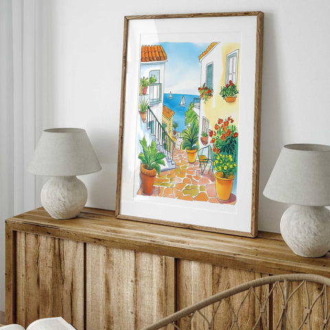 Watercolor of ocean-view steps with flowers and white buildings

