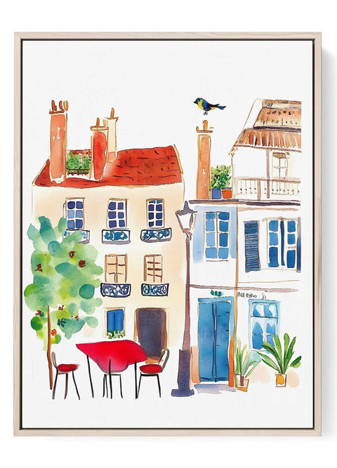 Watercolor of red café table in Europe