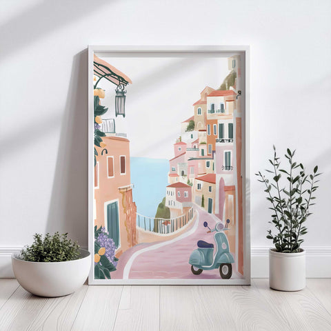 Watercolor of seaside town street in Amalfi with citrus trees

