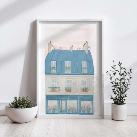Watercolor painting of a blue Parisian building with rooftop garden

