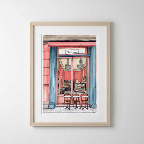 Watercolor pink building with cafe tables