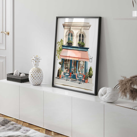 Watercolor pink house with cafe table and chairs