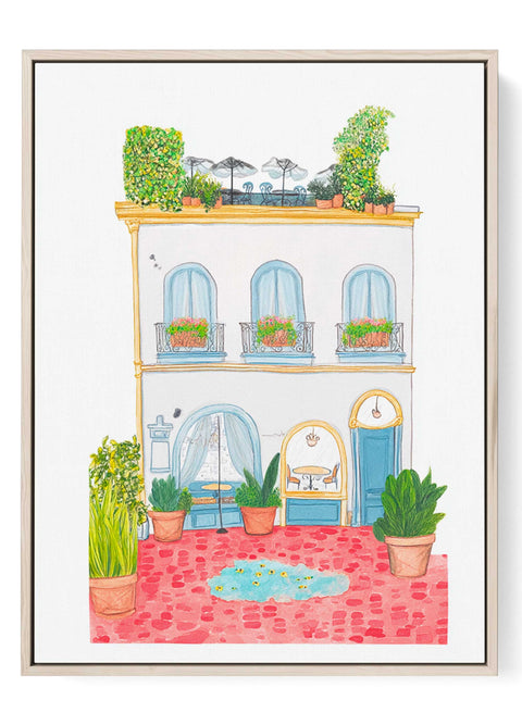 Watercolor print of European café with rooftop terrace and flower boxes

