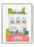 Watercolor print of European café with rooftop terrace and flower boxes