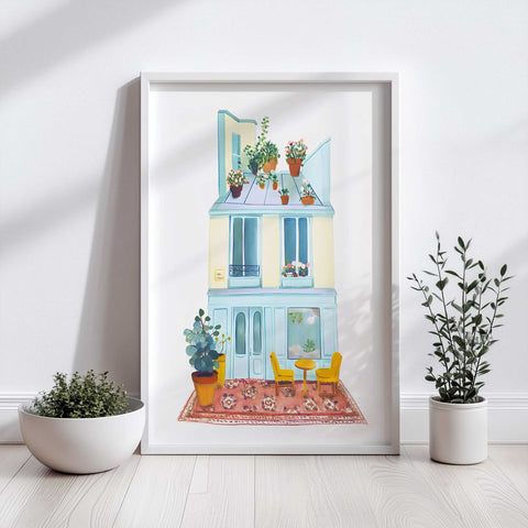 Watercolor print of a cheerful urban rooftop with bright details

