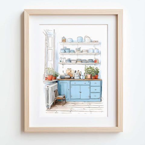 Watercolor print of farmhouse kitchen and plants

