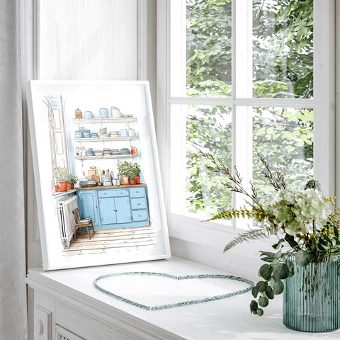 Watercolor print of rustic kitchen with blue cabinets

