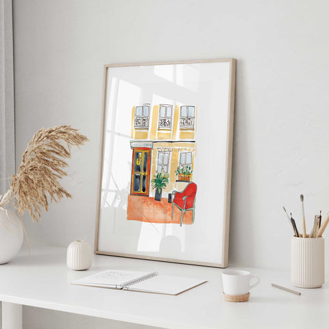 Watercolor red chair street scene