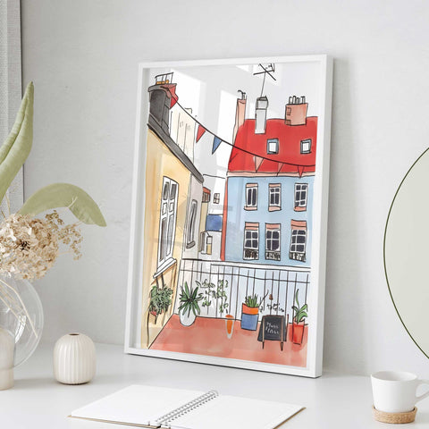 Watercolor red roof city view

