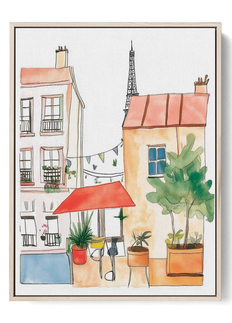Watercolor rooftops and red umbrella decor


