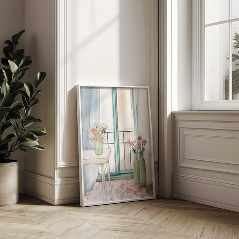 Watercolor roses in vases near pastel balcony

