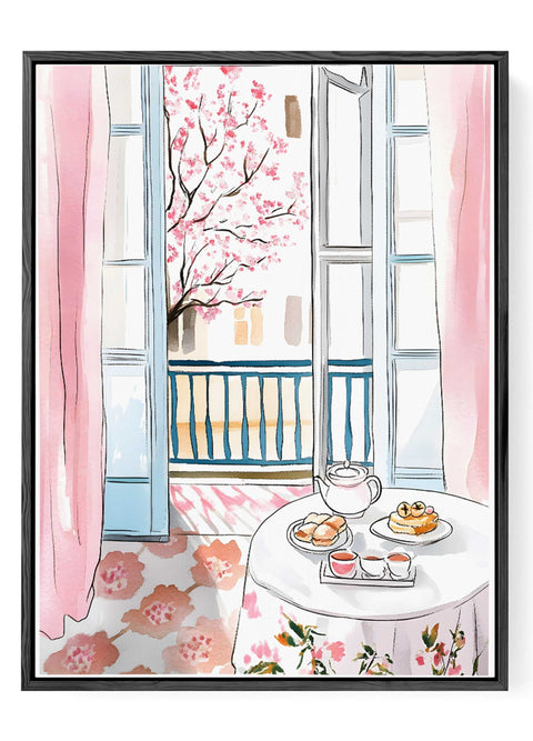 Watercolor scene of brunch table and cherry tree in bloom

