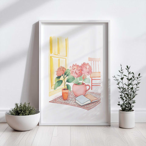 Watercolor scene of sunlit window, chair, rug, and flower pots


