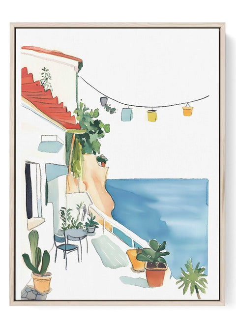 Watercolor seaside balcony with potted plants and ocean view

