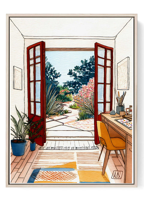 Watercolor studio with garden view
