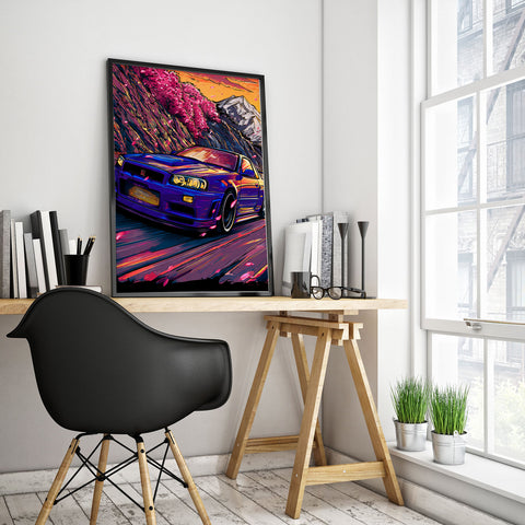 Watercolor style Nissan Skyline R34 GTR sports car illustration