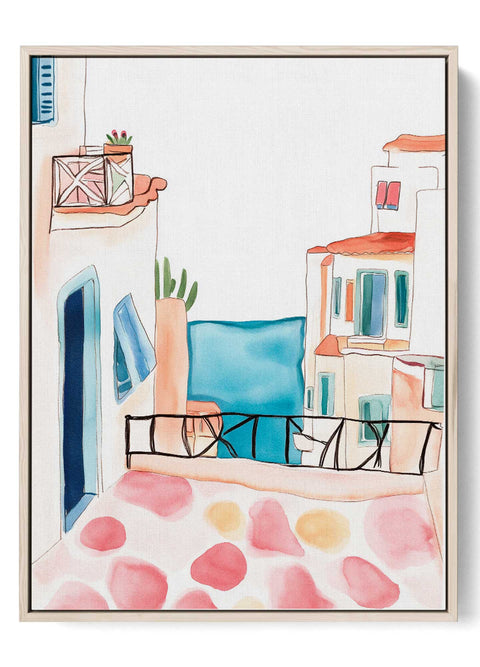 Watercolor terrace with ocean view and pink stone floor

