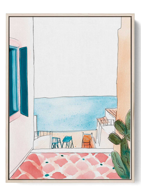 Watercolor terrace with sea view and chairs

