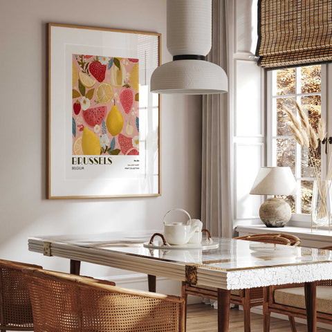 Watermelon lemon pear art print on pink