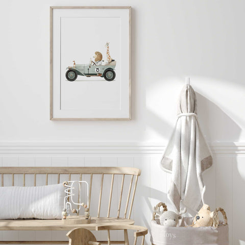 Whimsical Lion Driver Print – Giraffe Passenger Poster
