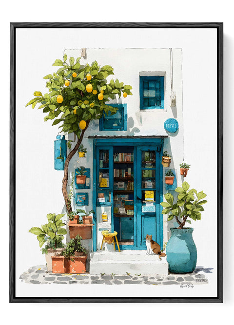 Whimsical Mediterranean bookstore illustration with fruiting lemon tree and ginger cat