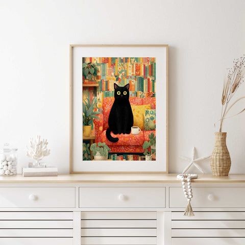 Whimsical black cat room wall art