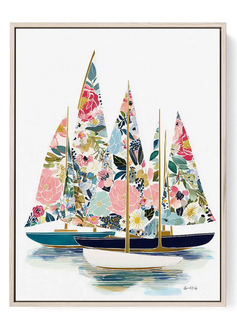 Whimsical coastal regatta artwork showing flower pattern sails and metallic gold line accents