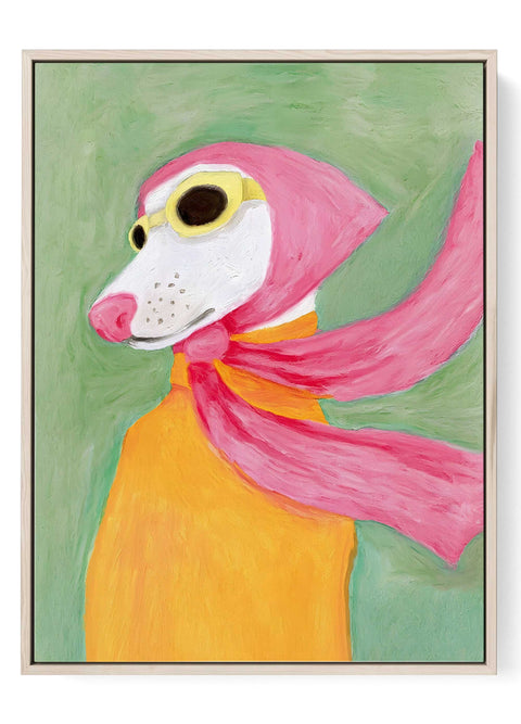 Whimsical dog portrait wall art with pink scarf