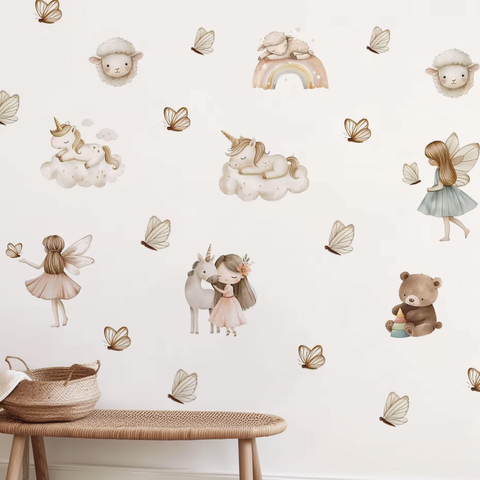 Whimsical fairy and unicorn stickers for kids room walls
