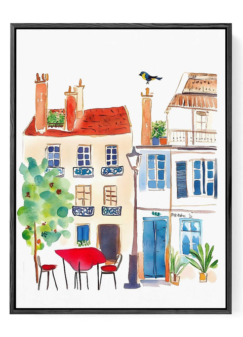 Whimsical street scene with bird print